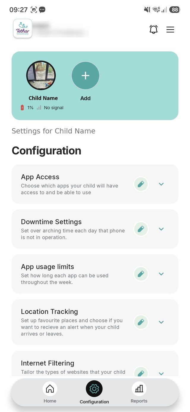 The Tethar parent app configuration screen, with settings for app access, downtime, app usage limits, location and internet filtering.