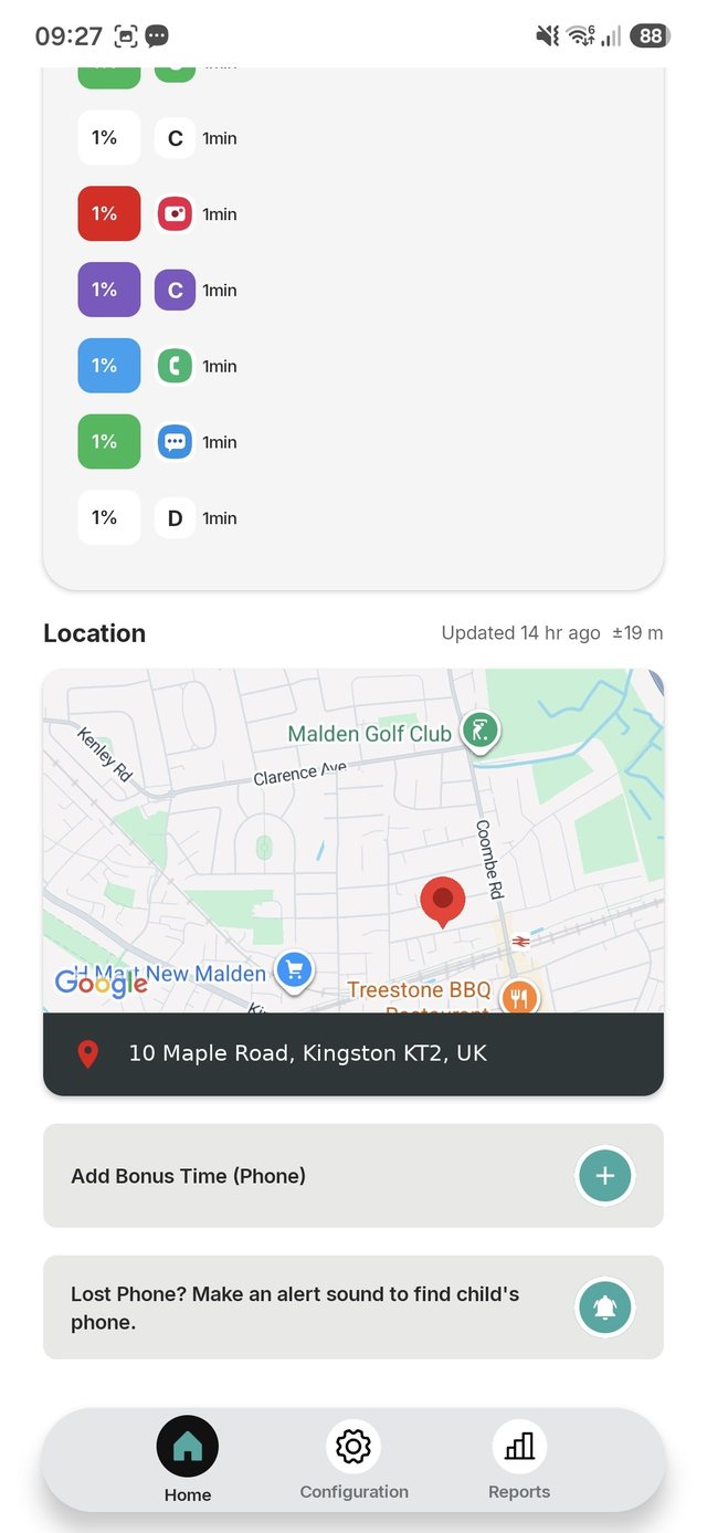 The Tethar parent app showing app usage for the week and your child's location on a map.